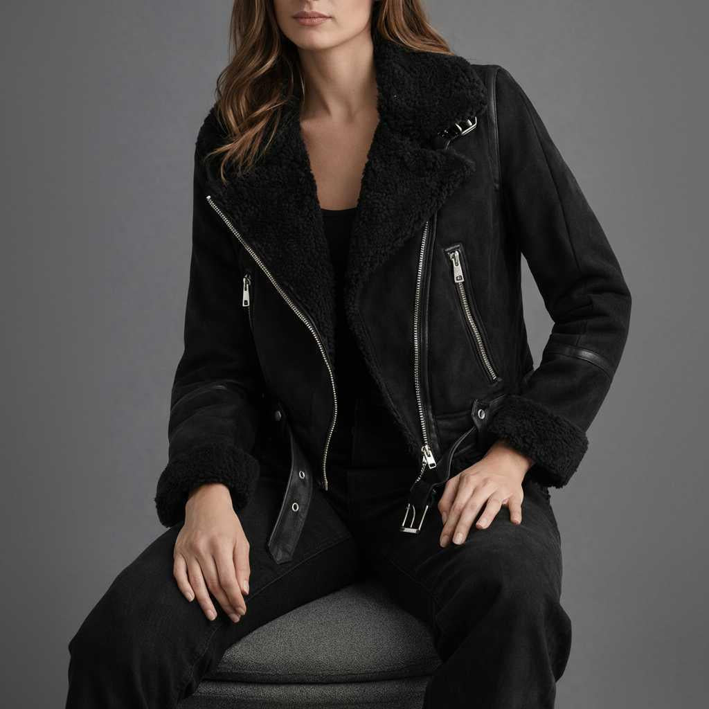 Women's Leather Jacket with Shearling Trim | Stylish Short Jacket
