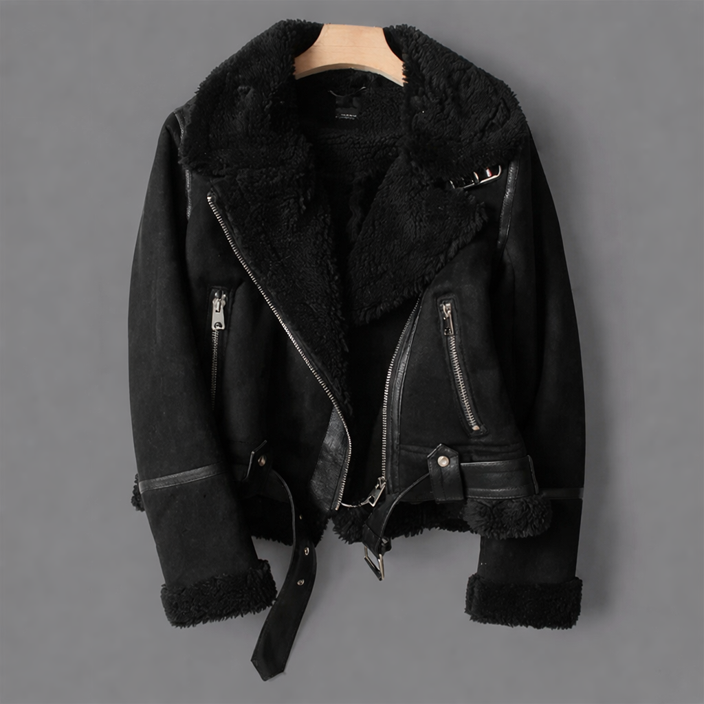 Women's Leather Jacket with Shearling Trim | Stylish Short Jacket