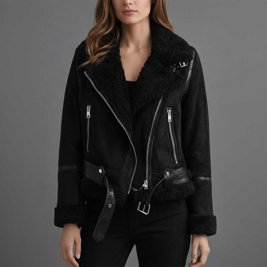 Women's Leather Jacket with Shearling Trim | Stylish Short Jacket