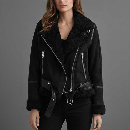 Women's Leather Jacket with Shearling Trim | Stylish Short Jacket