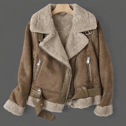 Women's Leather Jacket with Shearling Trim | Stylish Short Jacket