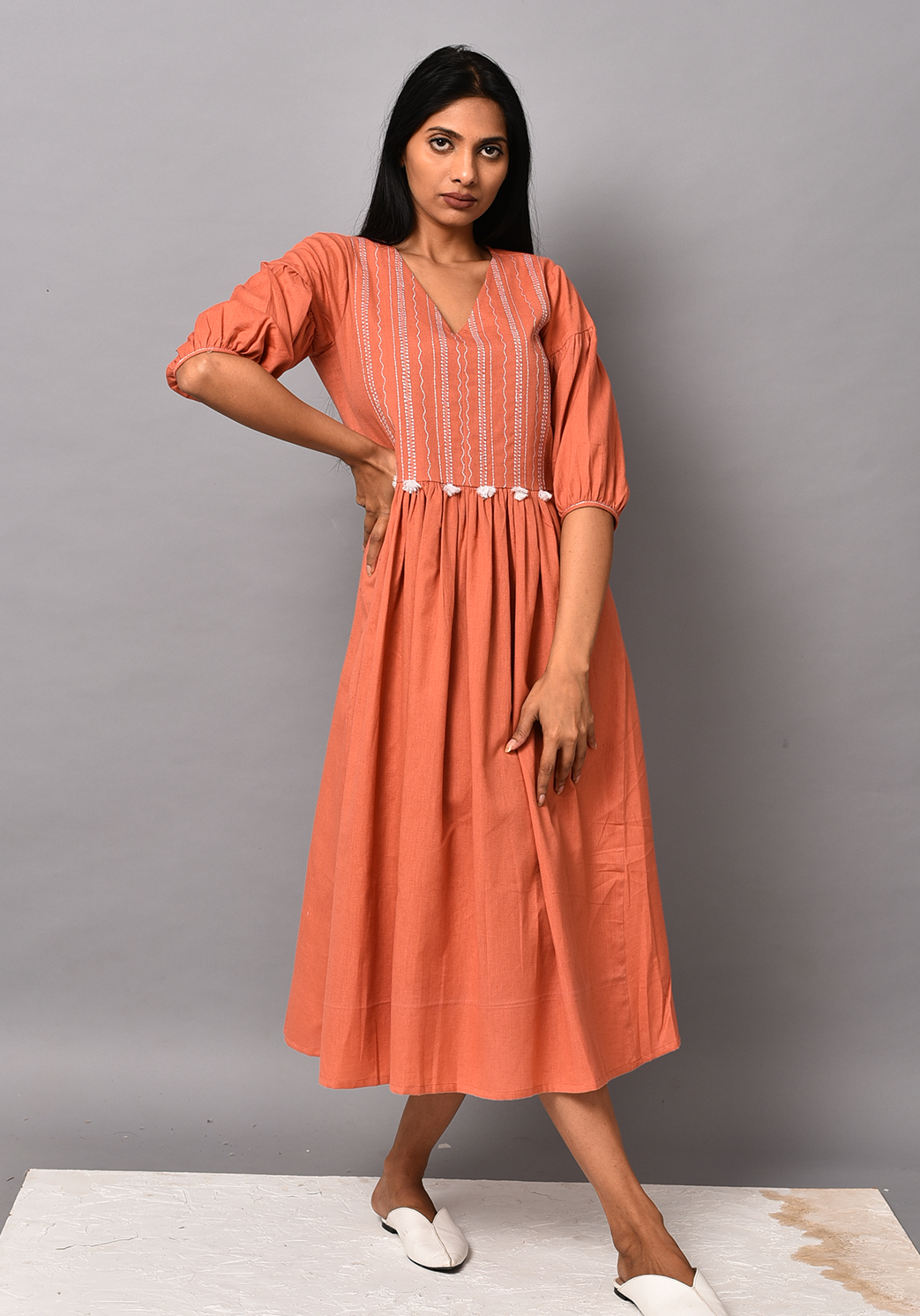 Buy Orange Round Neck Foil Print Flared Dress Online - Aurelia
